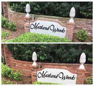 pressure washing brick HOA sign - before and after gallery