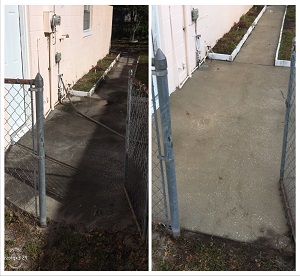 pressure washing sidewalk - before and after 