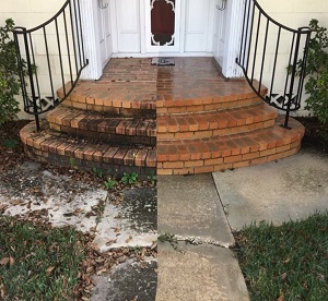 pressure washing brick stairs - before and after 