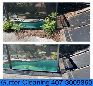 gutter cleaning above pool - before and after 